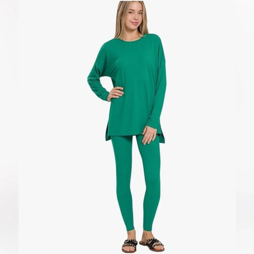 Zenana lounge all day crew long sleeve brushed microfiber set forest xl